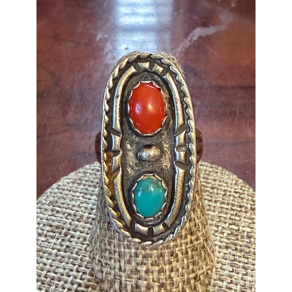 Sterling Silver Navajo Coral and Turquoise Cabochon Oval Statement Ring Size 5.5